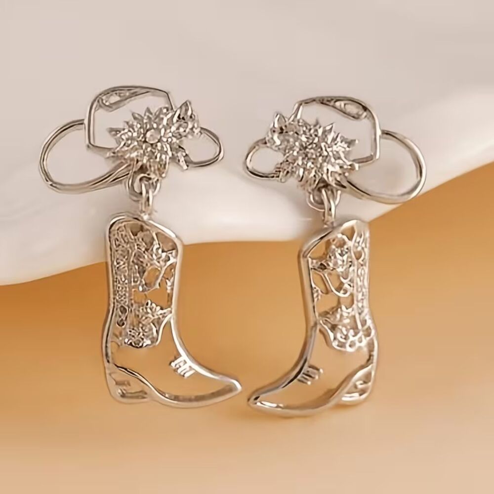 Western Cowboy Boot Earrings Silver Tone Cowgirl Hat Floral Dangle 1.3"